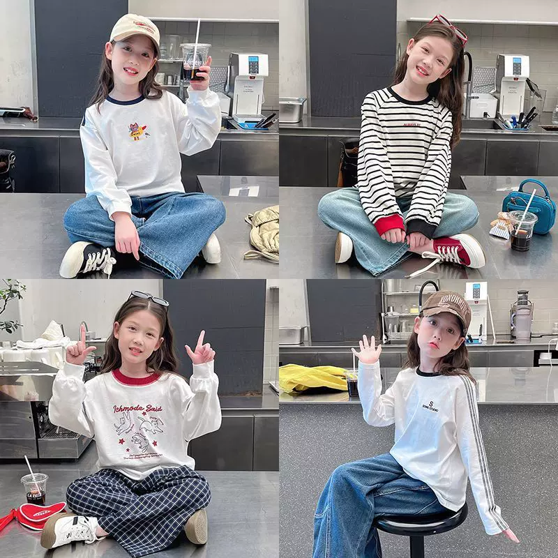 大女童洋气长袖卫衣白t恤儿童内搭上衣打底衫女孩2025春秋装新款