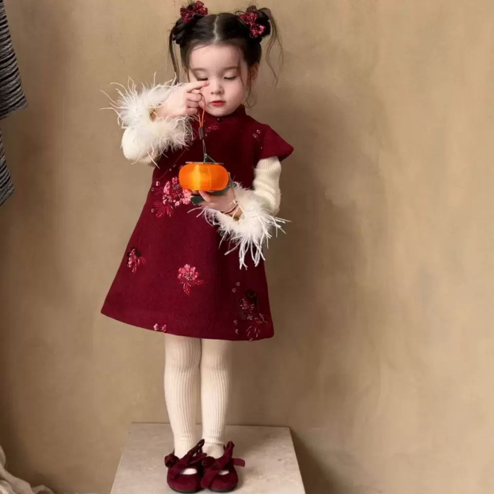 麦田女童宝宝新年中式冬季亮片加绒旗袍背心裙儿童棉衣马甲拜年服