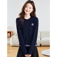 假两件衬衫拼接针织开衫2025女春秋季小个子收腰毛衣内搭打底上衣
