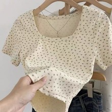 法式复古方领短袖小清新碎花薄款针织衫女夏季短款T恤修身上衣女