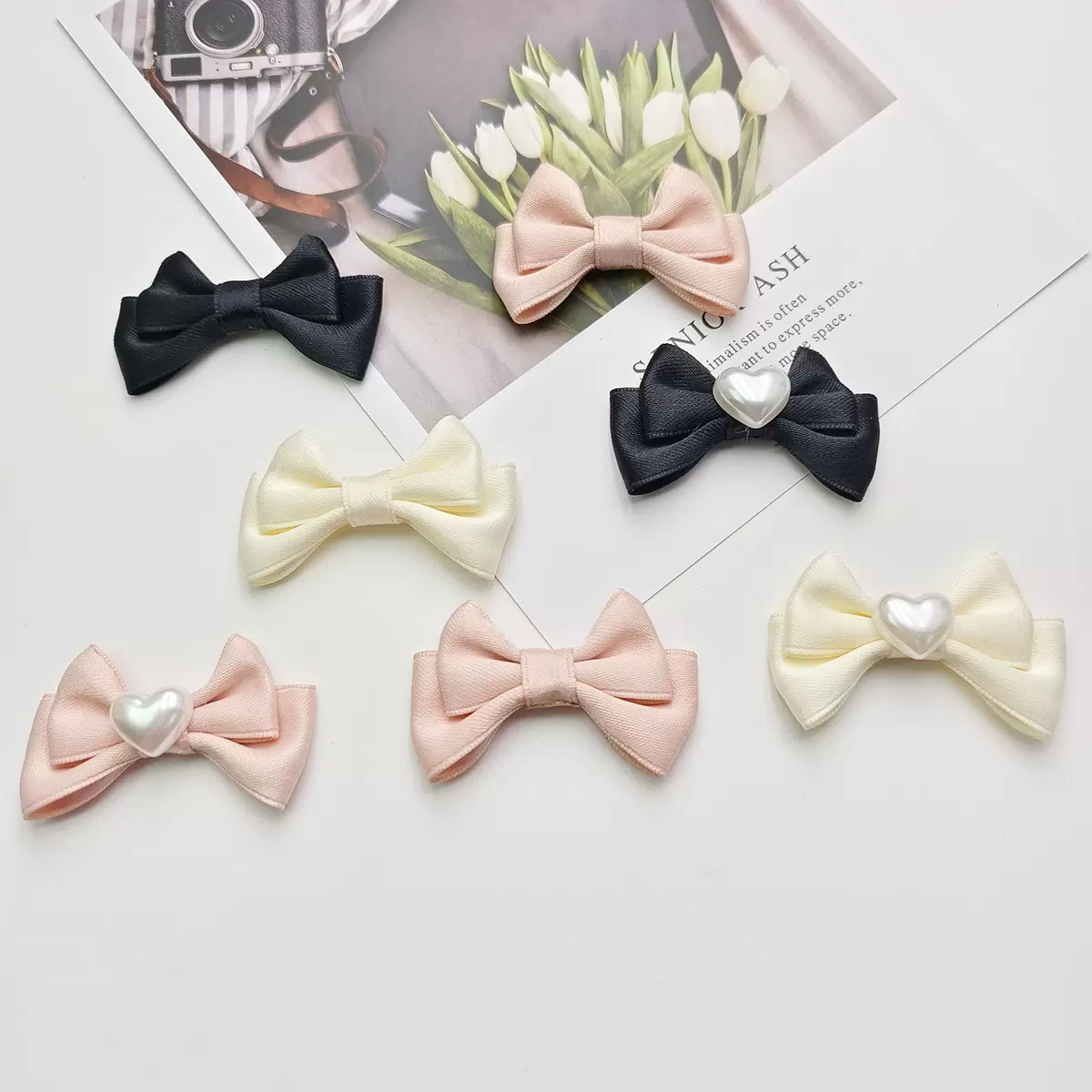 新款法式双边爱心珍珠蝴蝶结DIY饰品配件发夹手机壳服装包包辅料