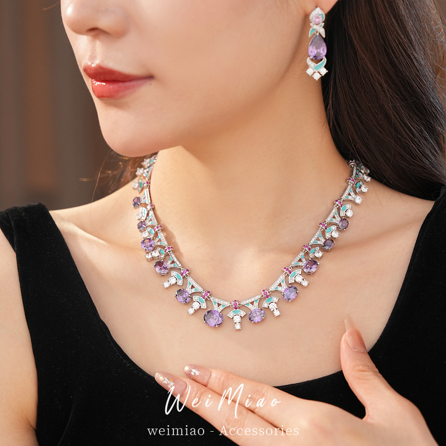 Collar de zircón de goteo de aceite ovalado, lujo ligero, lujo ligero, lujo alto, cadena de clavícula, corte, conjunto de joyería al por mayor