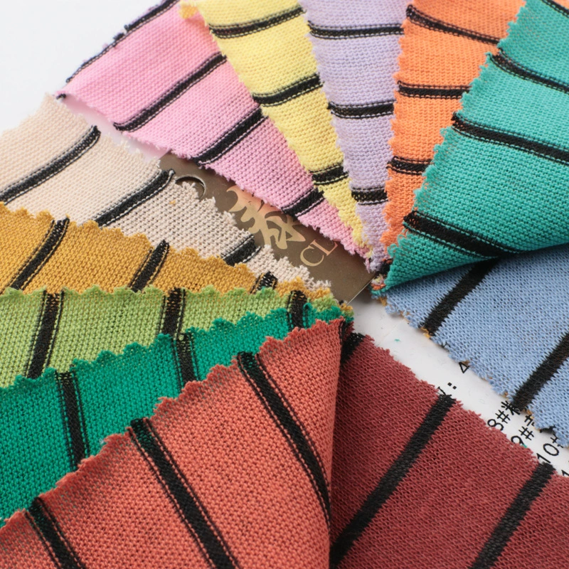 Colored woven strips between strips 125g polyester-cotton cvc dry stretch single jersey light knitted striped fabric
