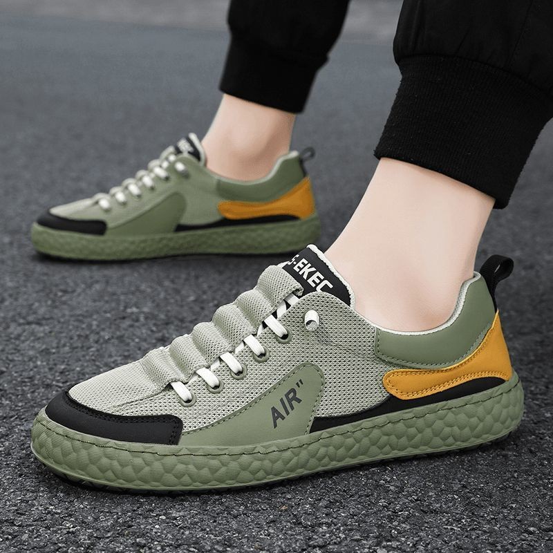 Baskets décontractées pour homme, style coréen, tendance et élégantes, blanches, à lacets, avec empeigne en mesh transparent, microfibre et cuir PU._voghion.com