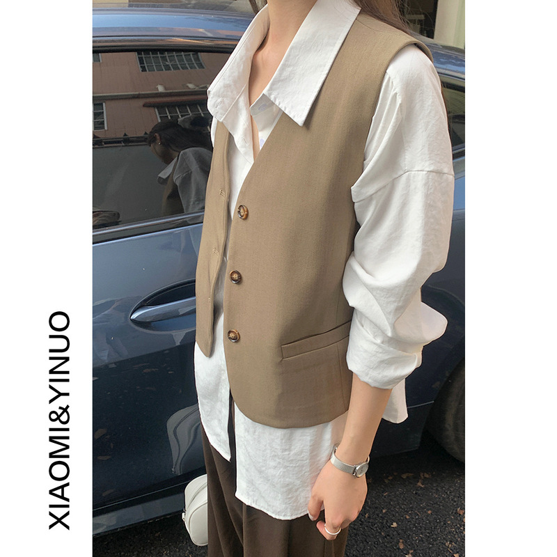 [Oufan] Fashionable British Style Retro Suit Vest Tops Women's 2024 Autumn New V Neck Top 2050