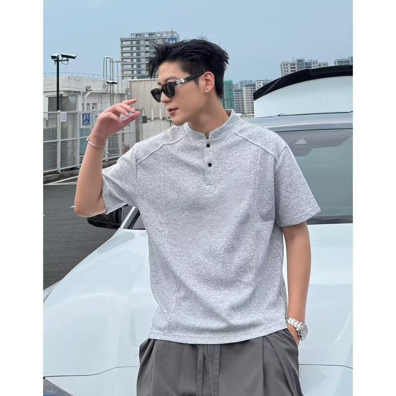 Gray Henry Collar T-Shirt for Men, 2026 New Summer American Style Cleanfit Short-Sleeved Retro Old Money Style Top
