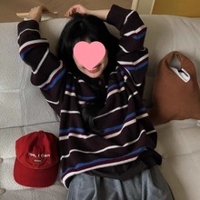 韩国2025秋新款长袖polo领休闲撞色条纹针织衫复古毛衣女百搭ins