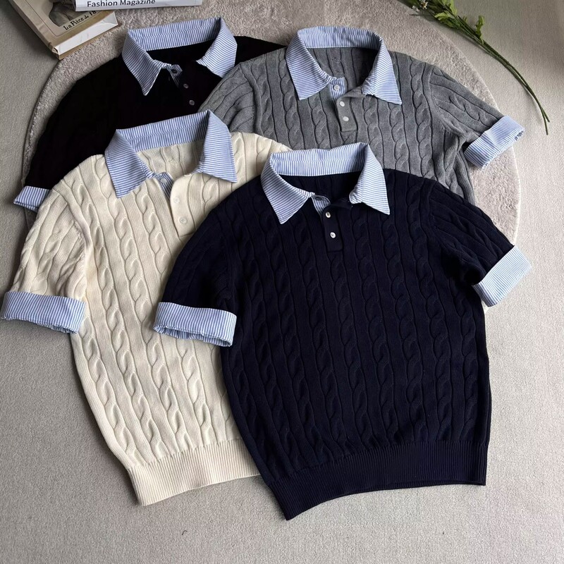 Four-Color Faux Two-Piece Patchwork Striped Cable Knit Summer High-End Knit Short-Sleeve Shirt T-Shirt Old Money Style Trend