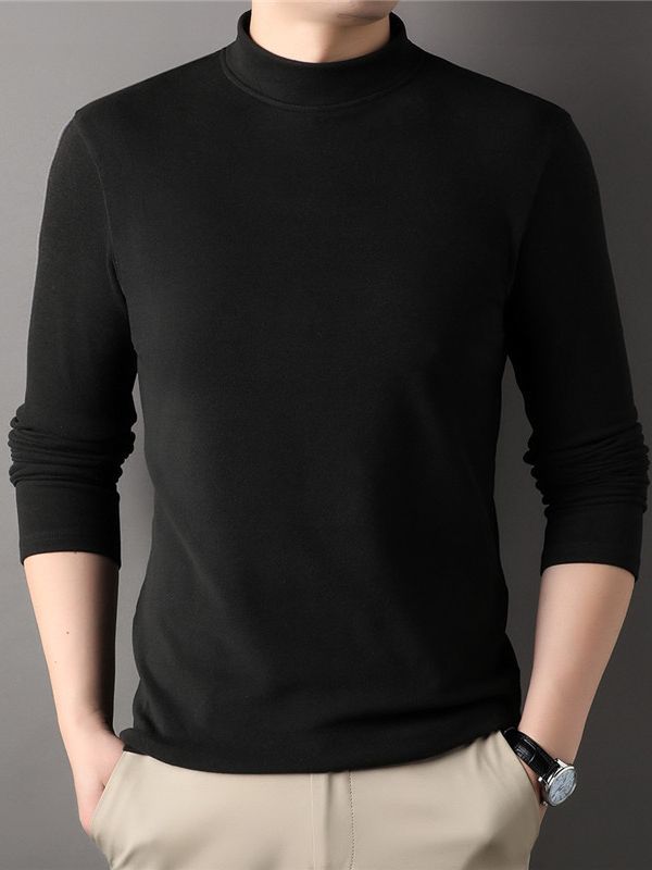 Camiseta de base de terciopelo de doble cara con cuello medio alto para hombre, otoño 2025, sudadera de terciopelo alemán, fabricante de camisetas de manga larga de color sólido cepillado para hombre.