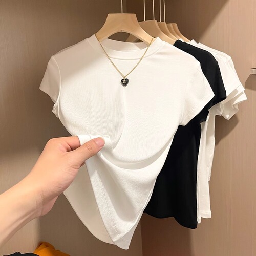 Fashion Casual Shoulder Short Sleeve T-Shirt Women Summer White Commuting Versatile Simple Slimming Round Neck Top Women 