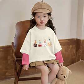 女童长袖T恤2025春秋新款儿童假两件t恤中大童百搭韩版外穿打底衫