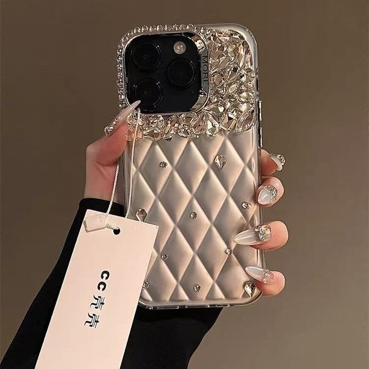 高颜值水钻适用苹果16promax手机壳iPhone15/14菱格闪钻13/12女款|undefined