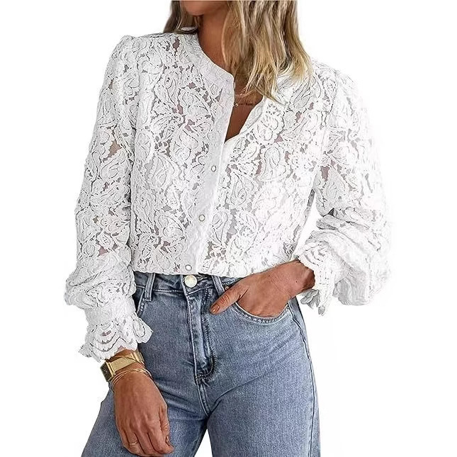 2025 cross-border Europe and the United States new fashion elegant lace shirt short sleeve button shirt top spring and summer women's clothing