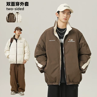 美式复古两面穿撞色设计棉服冬季款字母印花棉衣外套加厚面包服q