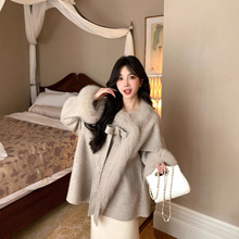 风语喃2025新款狐狸毛领全羊毛双面呢大衣女蝴蝶结毛呢子外套秋冬