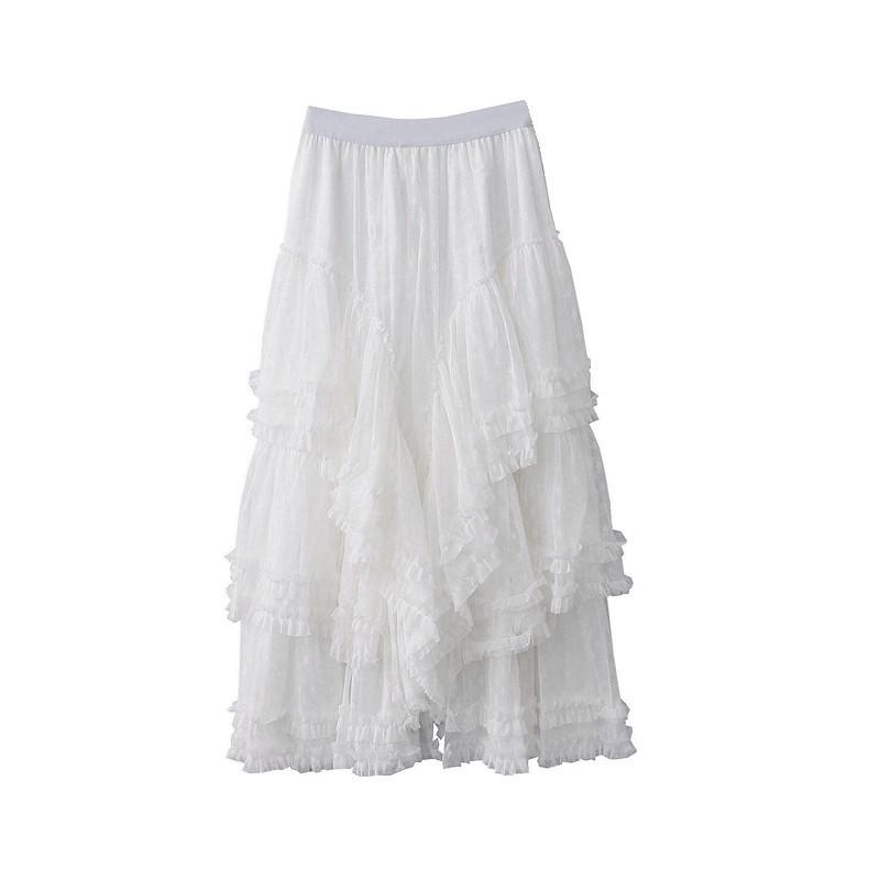 重工木耳边拼接不规则仙女蛋糕裙法式松紧腰网纱梦幻裙半身裙长裙
