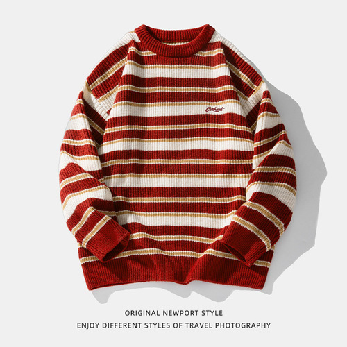 Striped heavyweight chunky-knit sweater for men—autumn/winter, retro contrast-color design, Japanese-style crewneck knit jacket