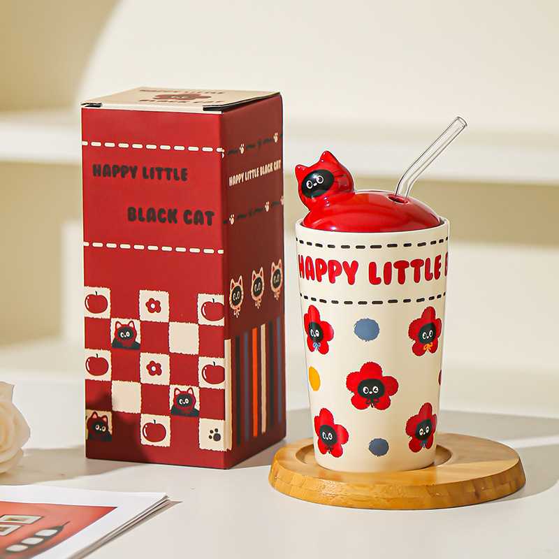 Caricatura gatito taza de paja hermosa taza de alto valor facial taza de agua taza de gran capacidad con cubierta de regalo