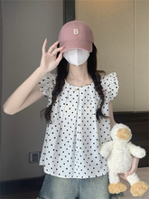 韩版甜美飞飞袖衬衫2024新款女夏季波点衬衣减龄洋气娃娃衫上衣服