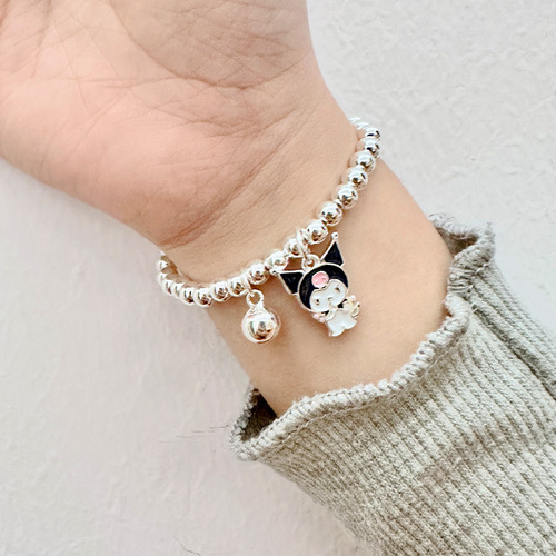 S925 Pure Silver Kuromi Necklace Round Bead Bracelet DIY Engraving Cute Cartoon Children's Accessory Necklace Set