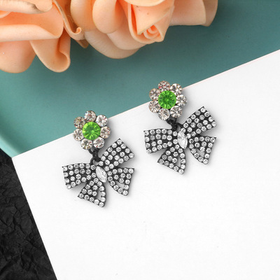 新款闪钻绿色蝶恋花蝴蝶结耳环气质大气时尚设计感925银针耳饰女