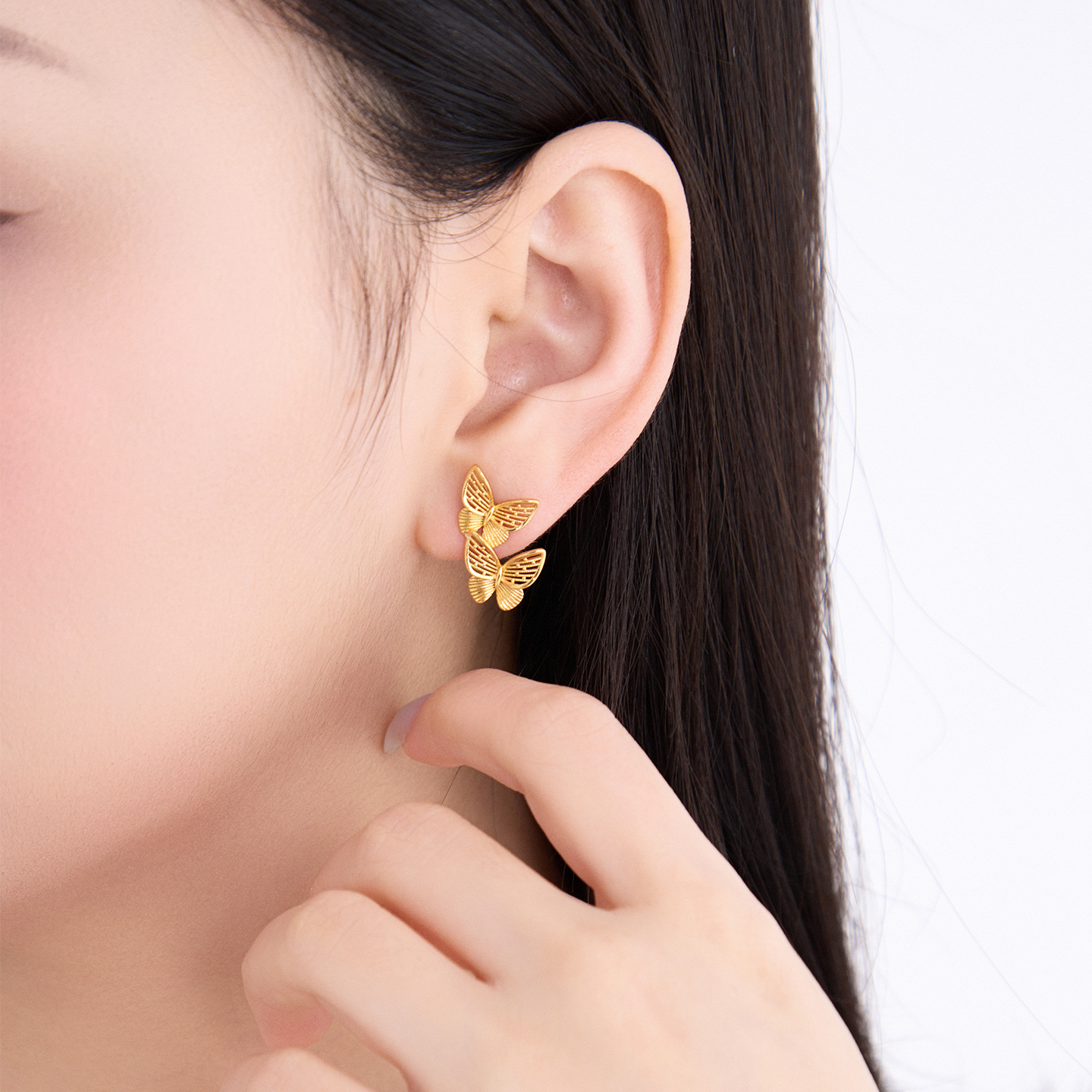 Aretes de Mariposa Calados de Doble Capa 24K de Aleación de Cobre Galvanizado para Mujer image 4