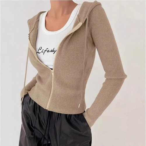2026 spring cross-border European and American women's pure color elegant figure-flattering hooded zipper outer fashionable casual women's top
