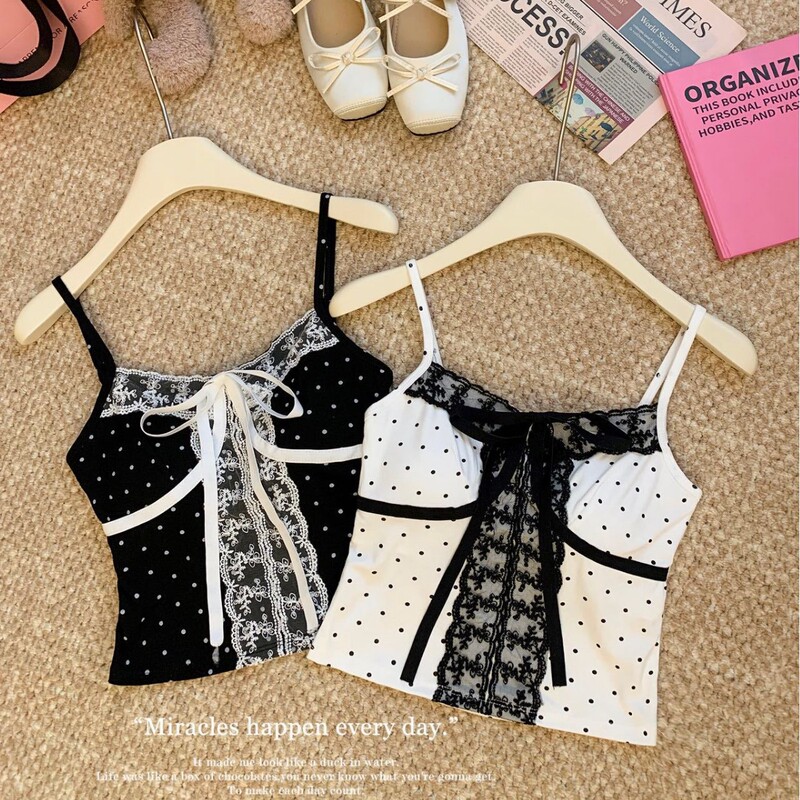 66023 # 2025 New Summer Sexy Hot Girl with Breast Pads Polka Dot Lace Splicing Suspender Short Top for Women