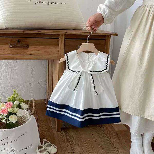 Girls' New Summer Dress, Children's College-Style Cute Navy Blue Princess Dress, Stylish Bow Dress