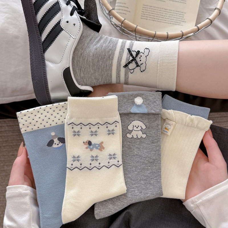 Gray-Blue Cartoon Puppy Cute Mid-Calf Socks, Spring and Summer Korean Style Ins-Style Slouch Socks with Bow, Seamless Socks for Women