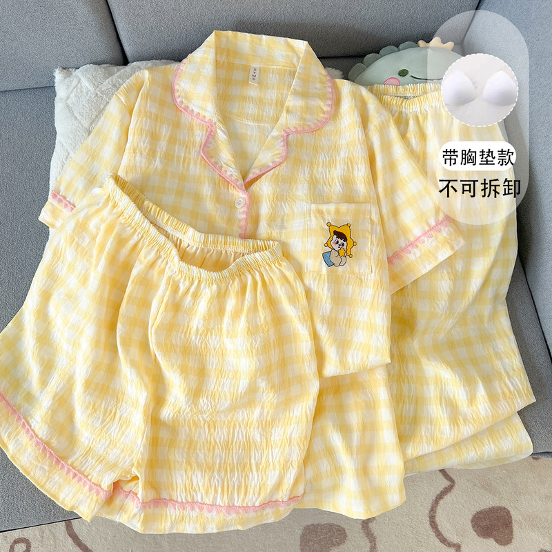 In-Stock Cross-Border Large-Size Women's Pajamas with Chest Pads and Lace, Spring and Summer Cartoon Cute Star Pattern, Cream Yellow Plaid Three-Piece Set