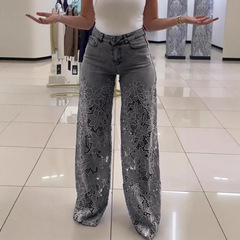 2025年春夏の女性用ハイウエストワイドレッグパンツ、ファッショナブルで多用途、中空レースステッチデニムドレープパンツ