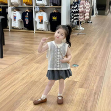 韩国童装女童洋气甜美气质套装2024新款女孩蕾丝背心三件套