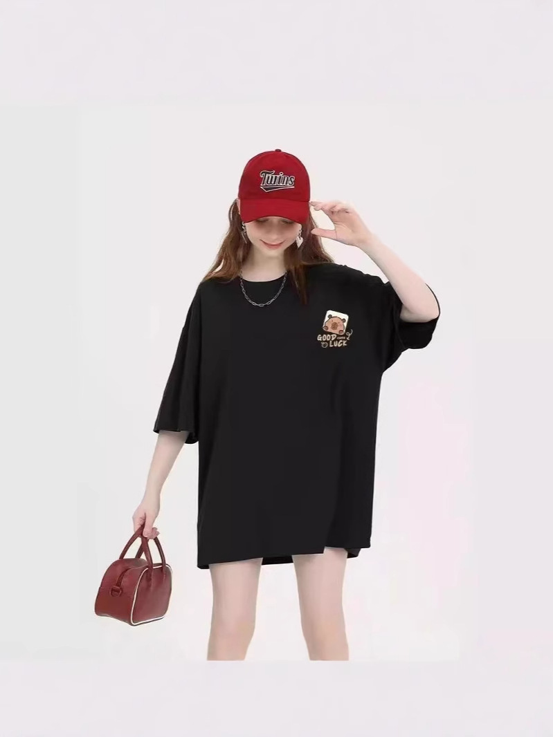 2025 New Summer Loose Women's Cartoon Print Rest Slim Round Neck Top Women's T-Shirt Isn Cross-Border K-Style