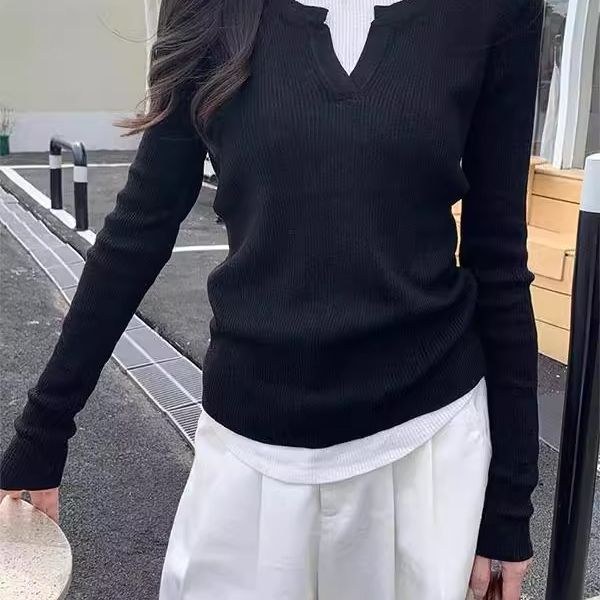 黑色v领假两件长袖针织衫女春秋内搭修身感纯欲风打底上衣ins|undefined