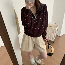 韩系秋季波点连帽卫衣毛衣外套女短款双拉链长袖休闲针织开衫上衣