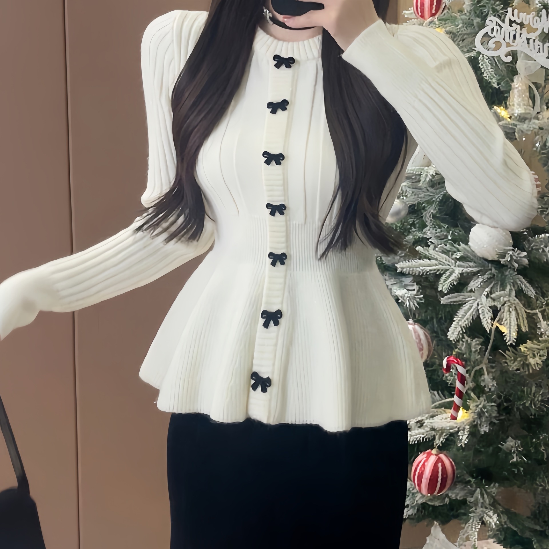 Knitted autumn design elegant sweater with a round collar with bow
