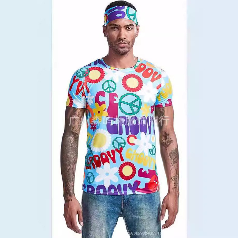 Cross-border Europe and the United States new peace men's clothing 60 s 70 s fashionable hippie clothing T-shirt with headscarf