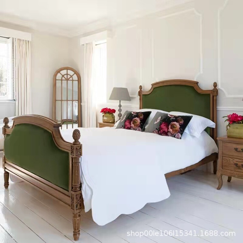 American Style Carved Retro Distressed Classical Solid Wood Soft Bag White Green Fabric Soft Bedroom Hotel Homestay Double Bed