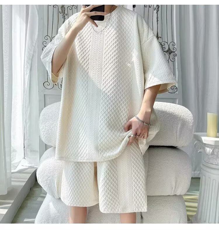 Men's Athletic Waffle Knit Short Sleeve T-Shirt And Shorts 2-Piece Set, Summer Casual Sports Outfit For Teens And Young Adults_viptrois.com