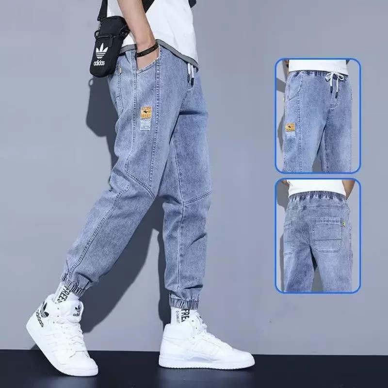 Summer thin trend jeans, casual trousers for elementary school students, drawstring, elastic waist