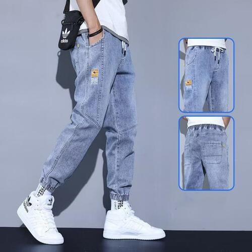 Men's Summer Thin Trousers with Gathered Ankle Work Pants, Fashion Drawstring Loose Waist Student Casual Pants