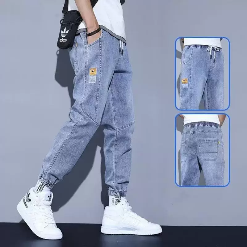 Summer thin trend jeans, casual trousers for elementary school students, drawstring, elastic waist