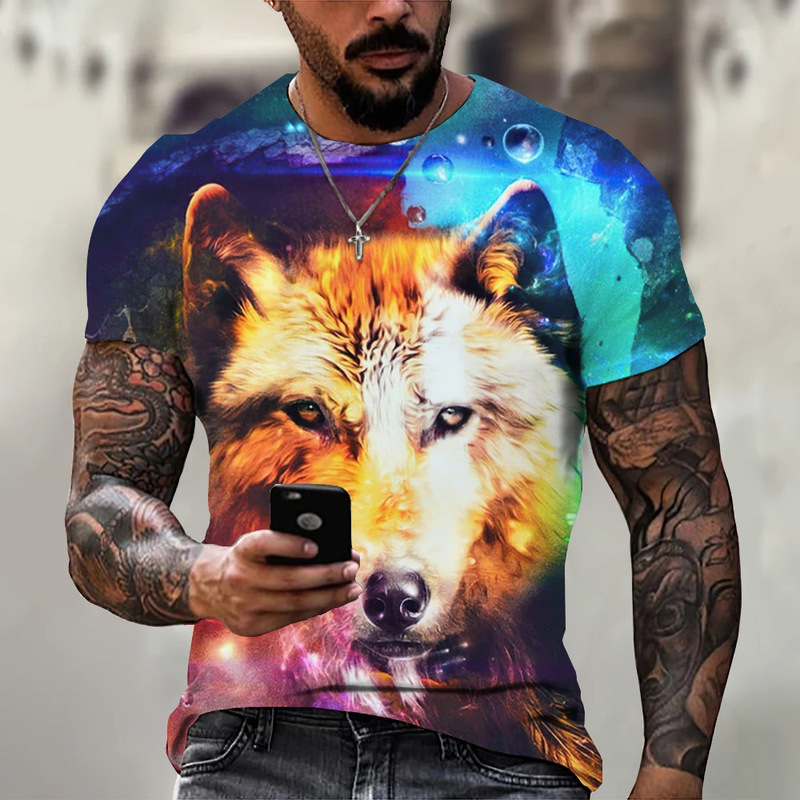 Factory Direct Sales Wolf Pattern Printed Men's Round Neck Short-Sleeved 3D Printed Fashion Tops Large Size Casual Clothing T-Shirts
