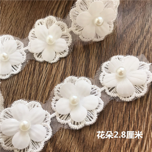 Free shipping organza white lace nailed pearl three-dimensional lace…