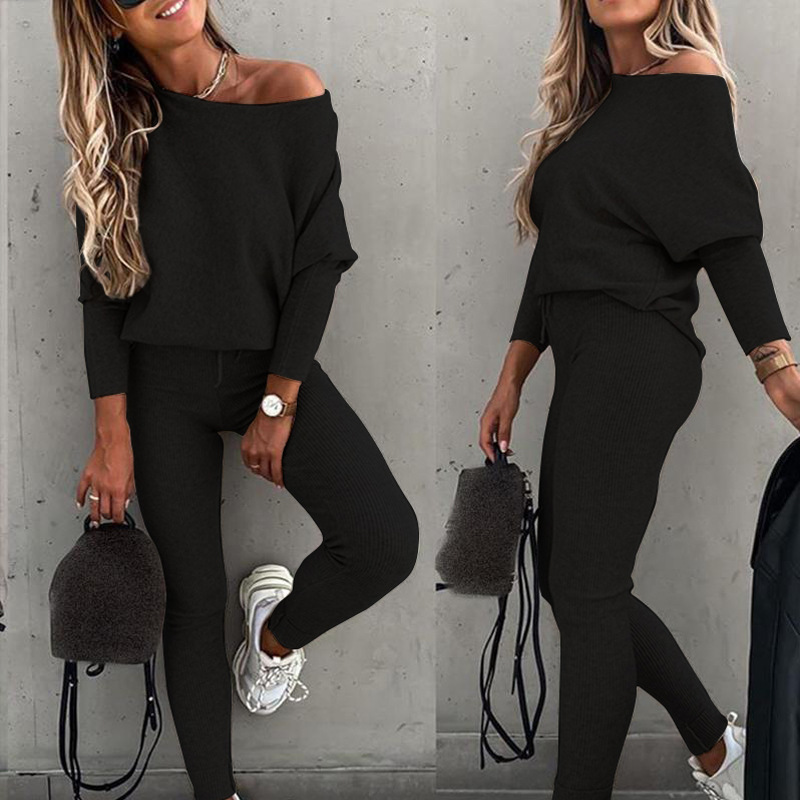 Solid Color Sloping Shoulder Long Sleeve Shirt & Pants 2 Piece Set NSYF66877