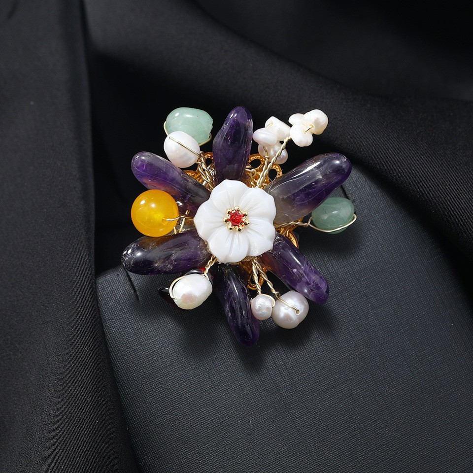 Natural Stone Pearl Brooch, Multi-Gemstone Flower Brooch, New Chinese Style National Style Qipao Accessory