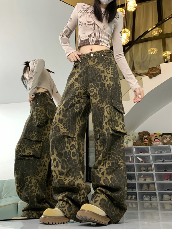 【韩牛】美式辣妹豹纹阔腿工装裤女酷飒风秋季2025新款多口袋设计|undefined