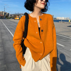 秋冬新款氛围感南瓜色针织开衫慵懒风外穿圆领小众上衣外套女毛衣
