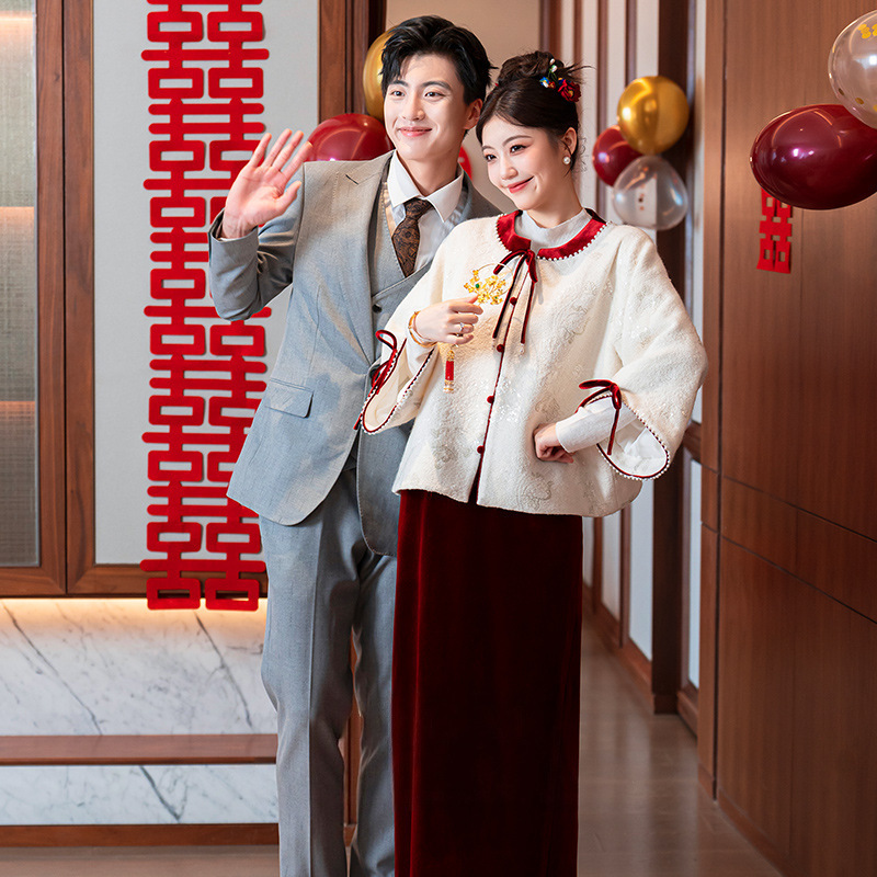 Bride's Toast Dress 2026 New Chinese Style National Style Suit 2026 New Engagement Wedding Dress Skirt Homecoming Banquet Autumn and Winter Bride's Toast Dress 2026 New Chinese Style National Style Suit 2026 New Engagement Wedding Dress Skirt Homecoming Banquet Autumn and Winter